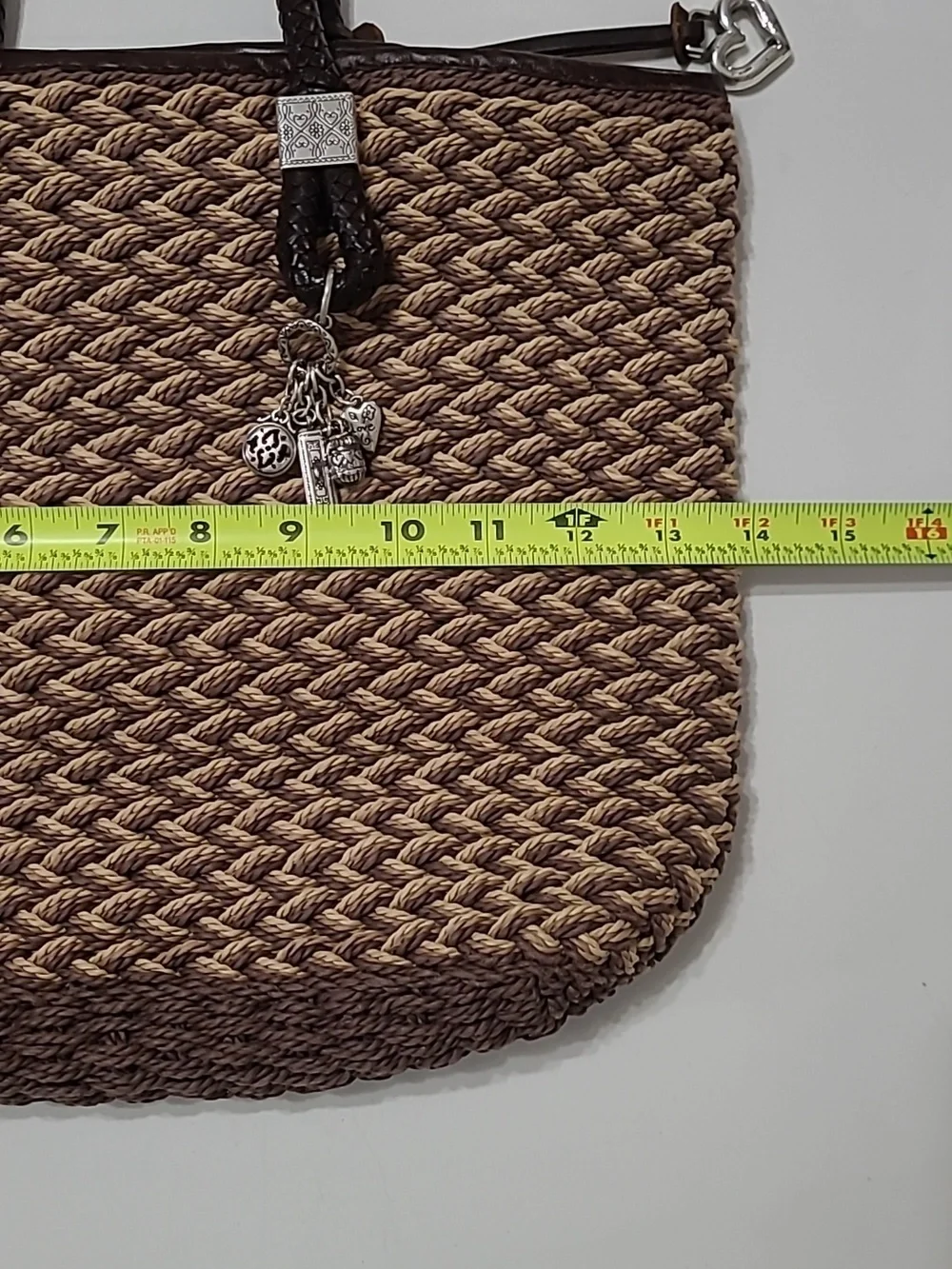Brighton Tan Woven Tote, Dark Brown Trim, Silver Charm & Leather Braided Handles